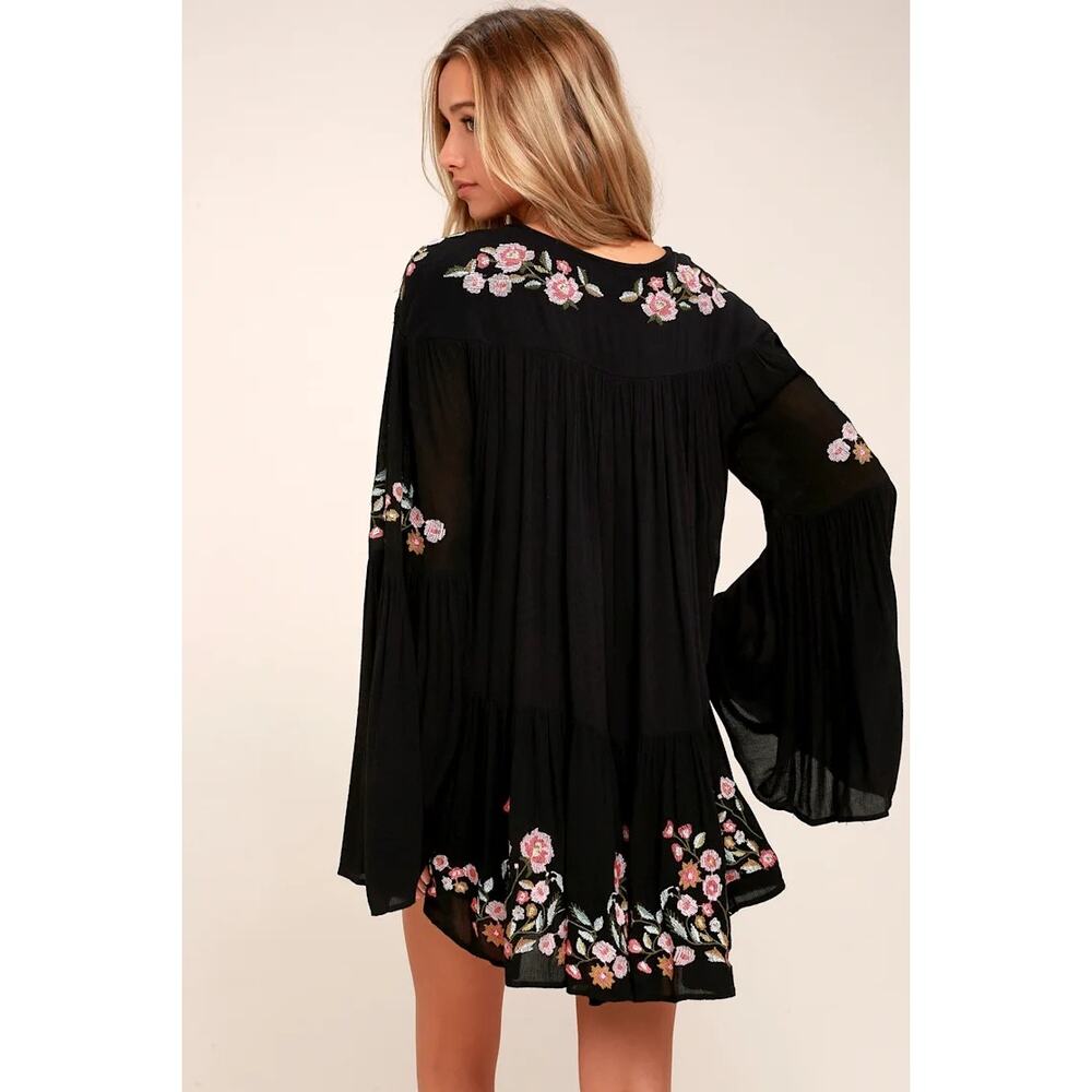 Free People Te Amo Black Gauzy Floral Embroidered Boho Babydoll Mini Dress Large - Picture 3 of 16